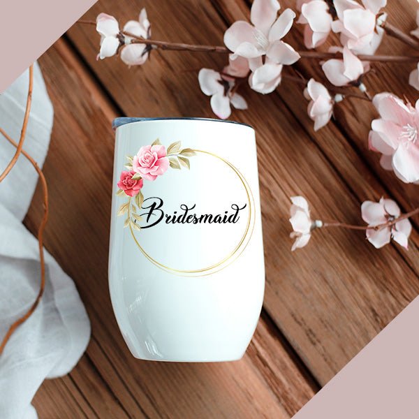 Personalized Bridesmaid Wine Tumblers with Custom Floral Design & Text - Gifts Are Blue