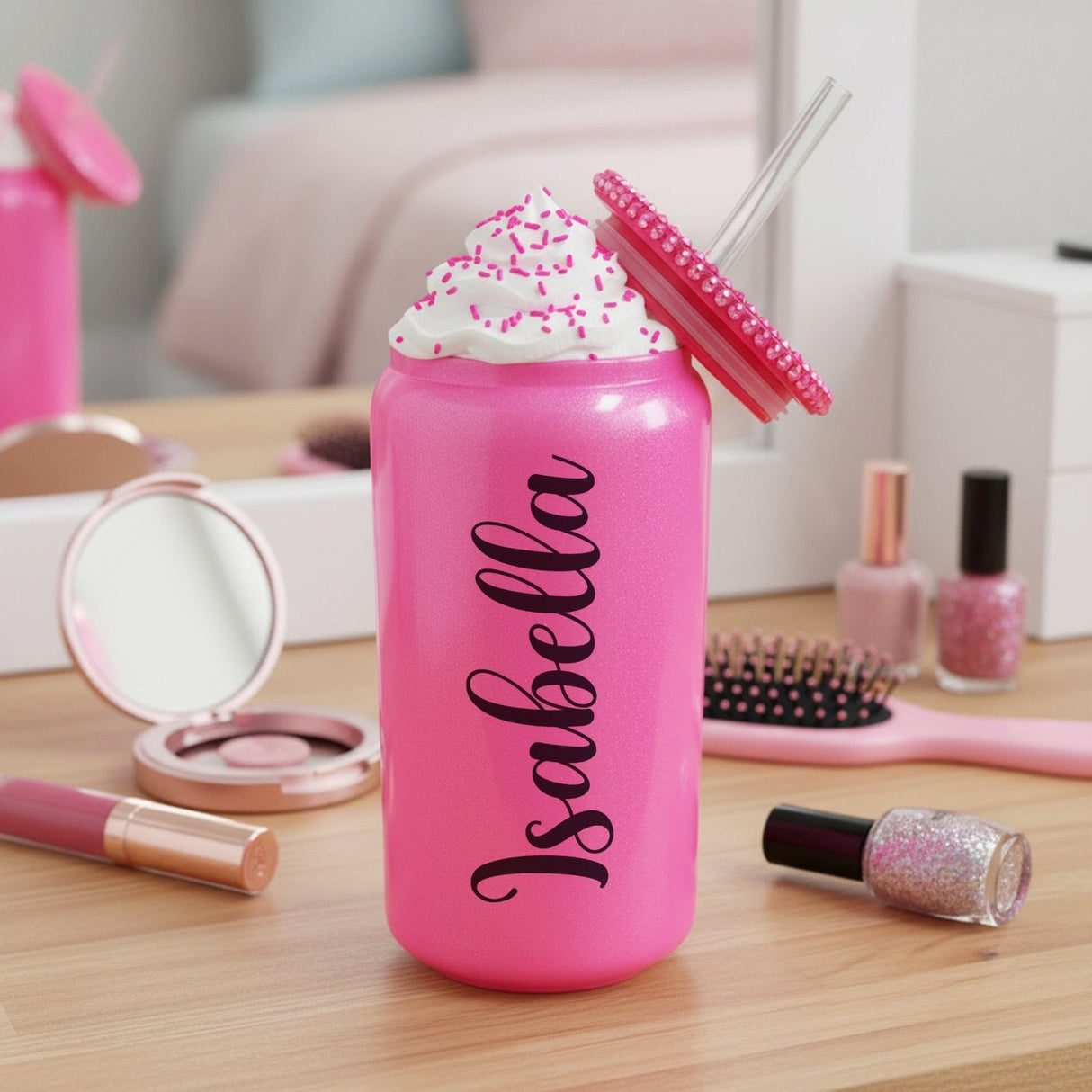 Rhinestone Glass Shimmer Cup with Straw, Custom Name, 16oz - Gifts Are Blue