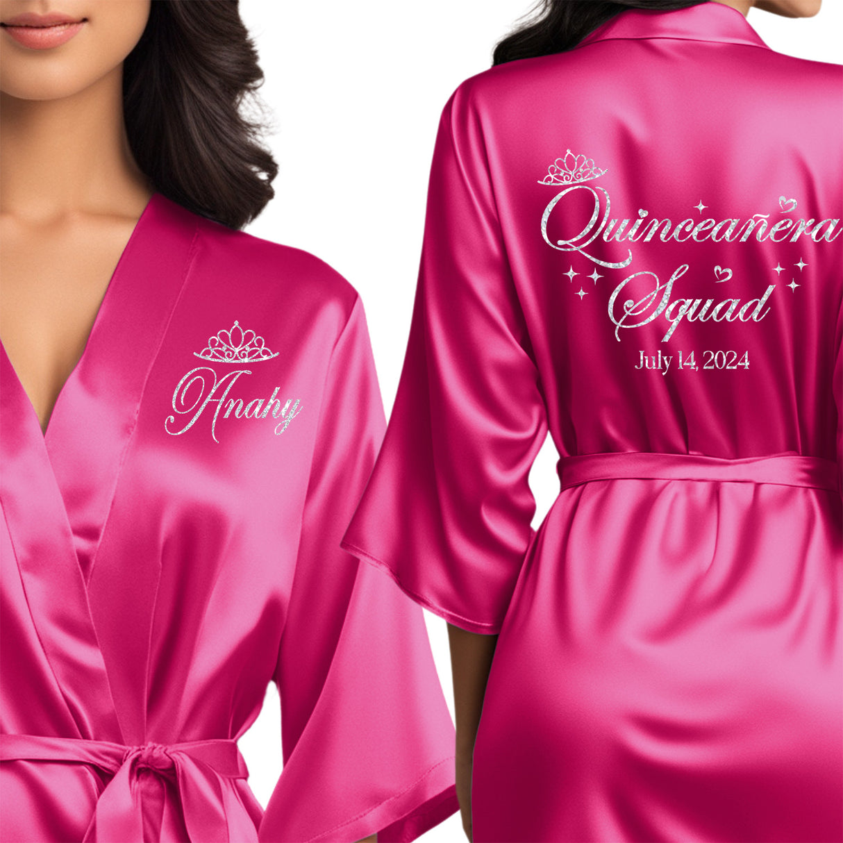 Pretty bright pink quinceanera robes with silver glitter. Beautiful satin getting ready robes for quinceanera squad.