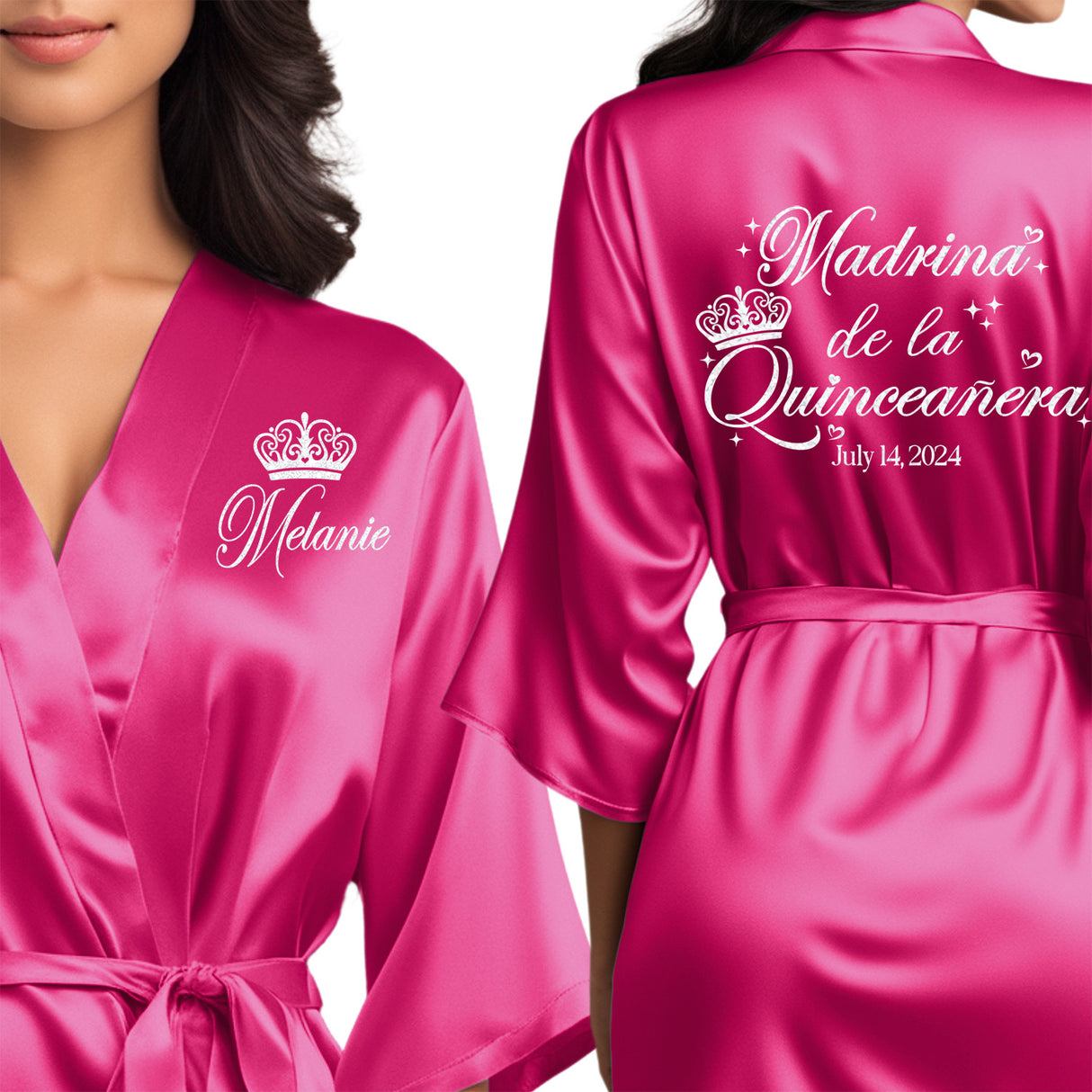 Madrina de la quinceanera personalized satin robes. Beautiful bright pink soft satin quince robes.