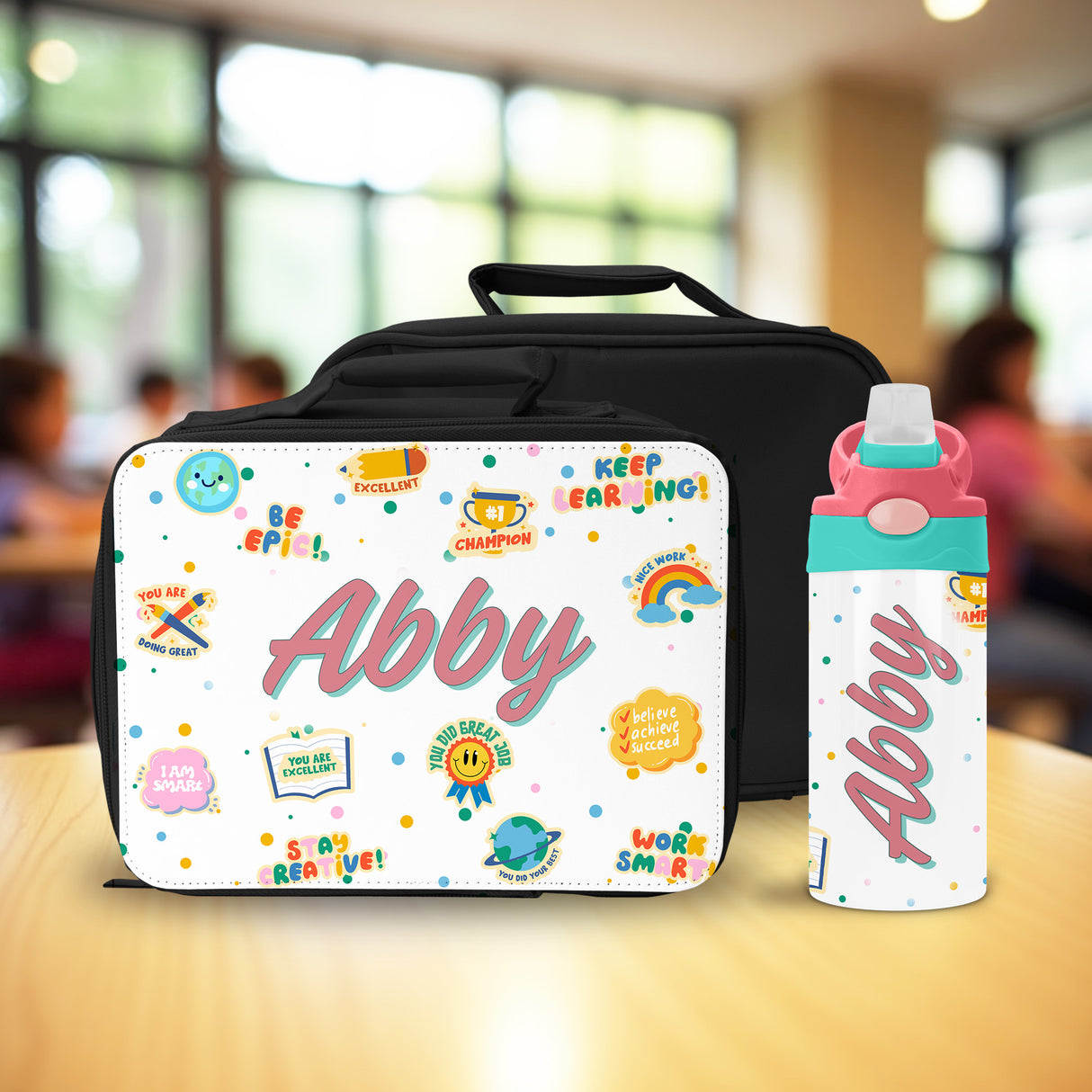 This affirmation lunch box and water bottle set with name helps kids feel confident and ready for each day.