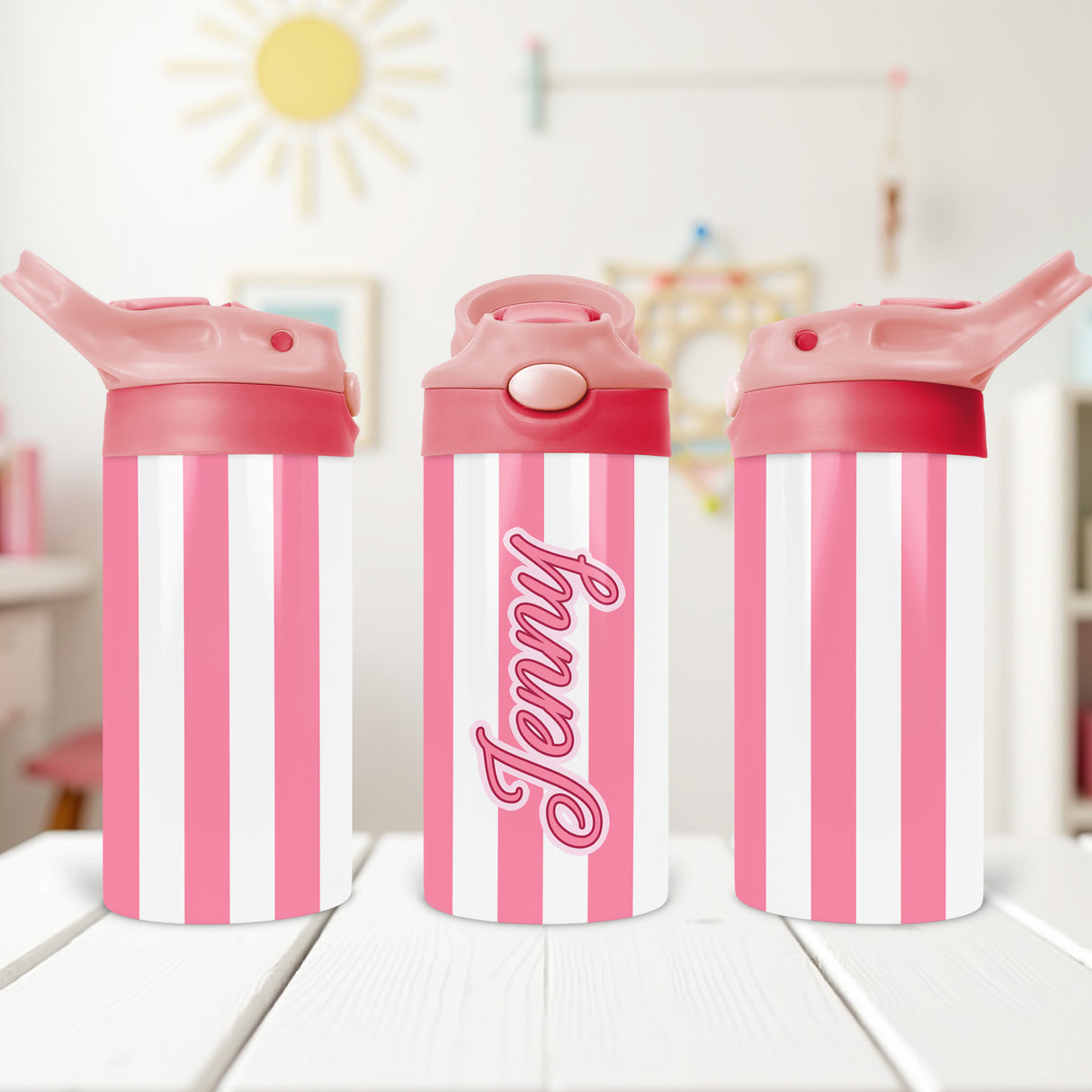 Colorful striped water bottle for children with name personalization for easy school identification.