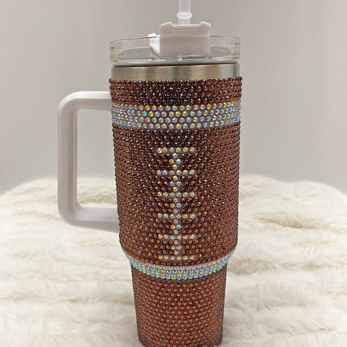 40oz Pink and Brown Bling Rhinestone Football Tumbler with Straw and Lid