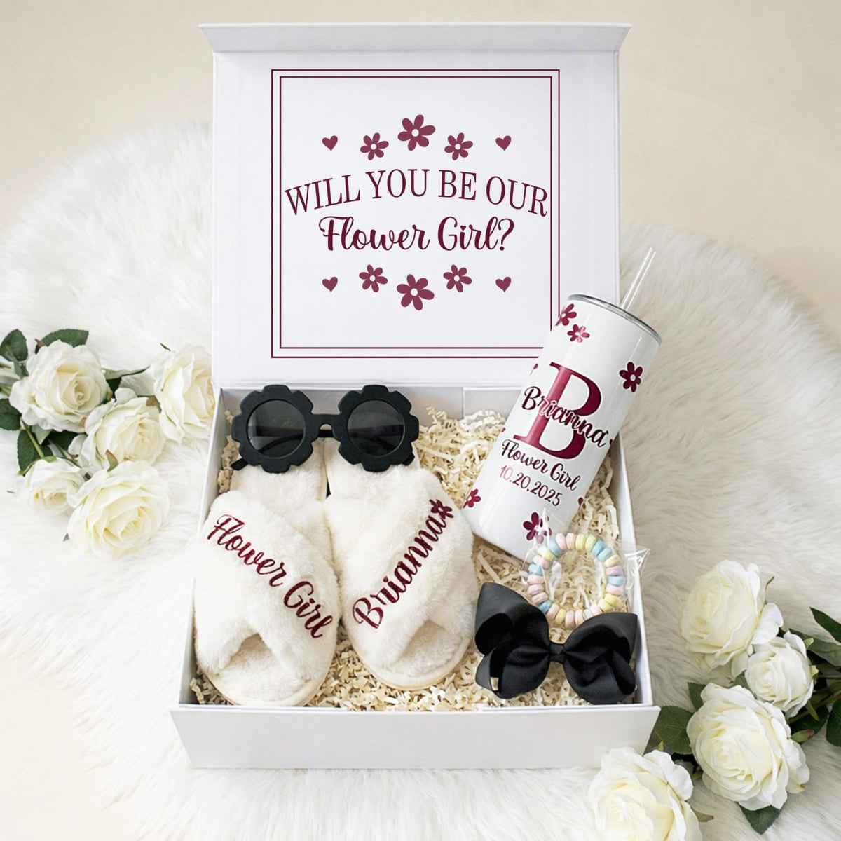 Sweet Pea Flower Girl Proposal Box with Fluffy Slippers & Tumbler - Gifts Are Blue