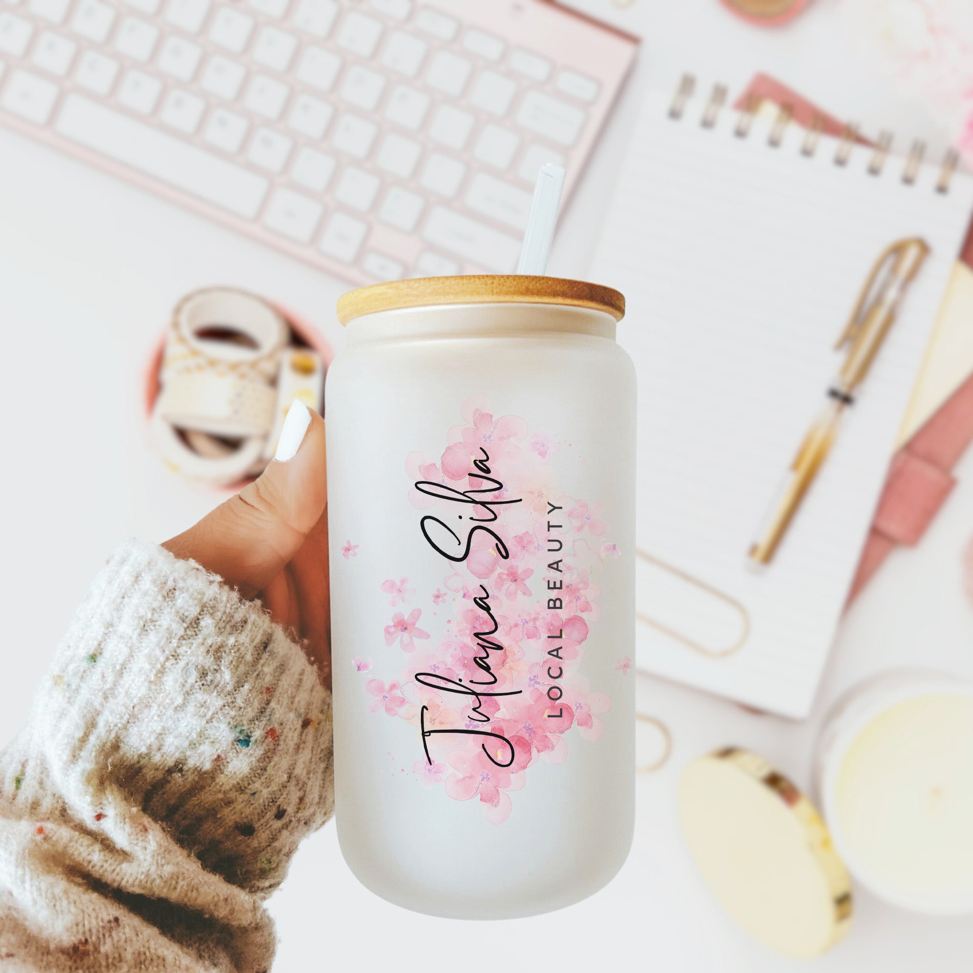 Cute glass can with custom company business logo. Glass Coffee Tumbler.