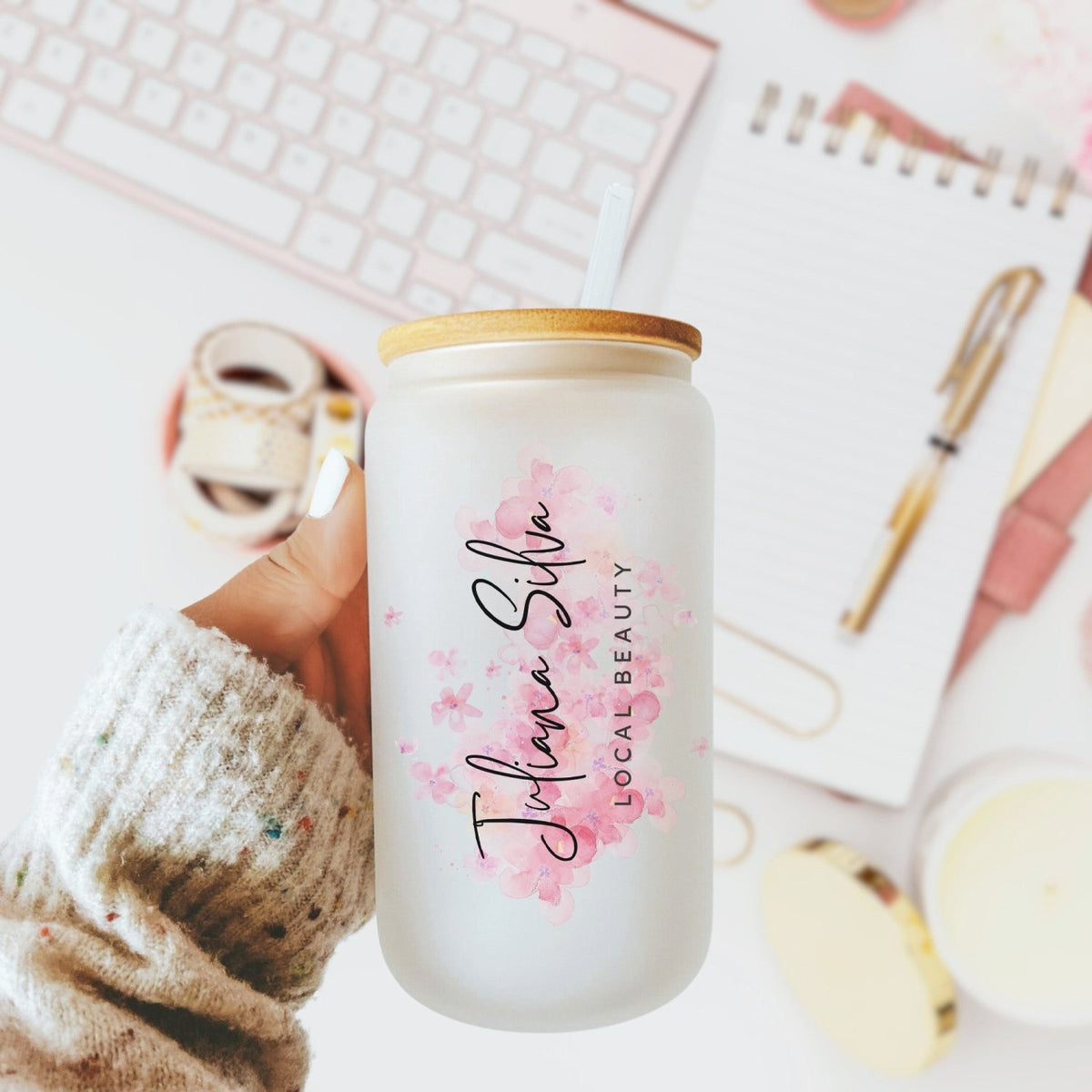Cute glass can with custom company business logo. Glass Coffee Tumbler.