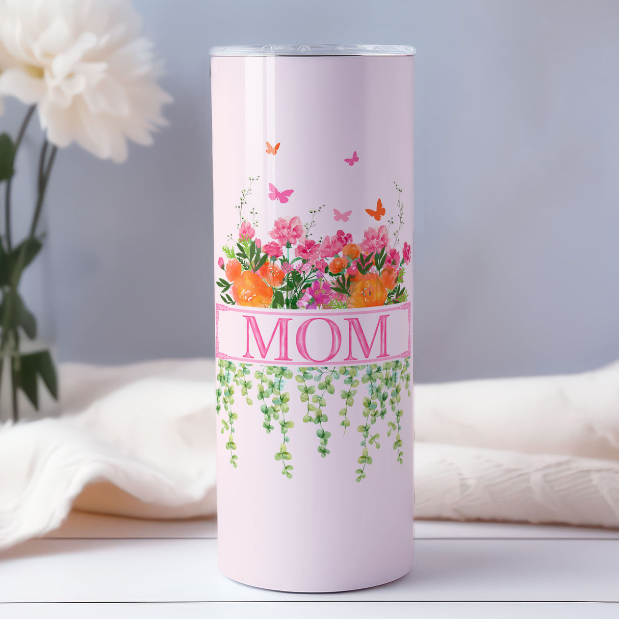 Personalized tumbler with floral design and photos, ideal birthday or Christmas gift for mom.