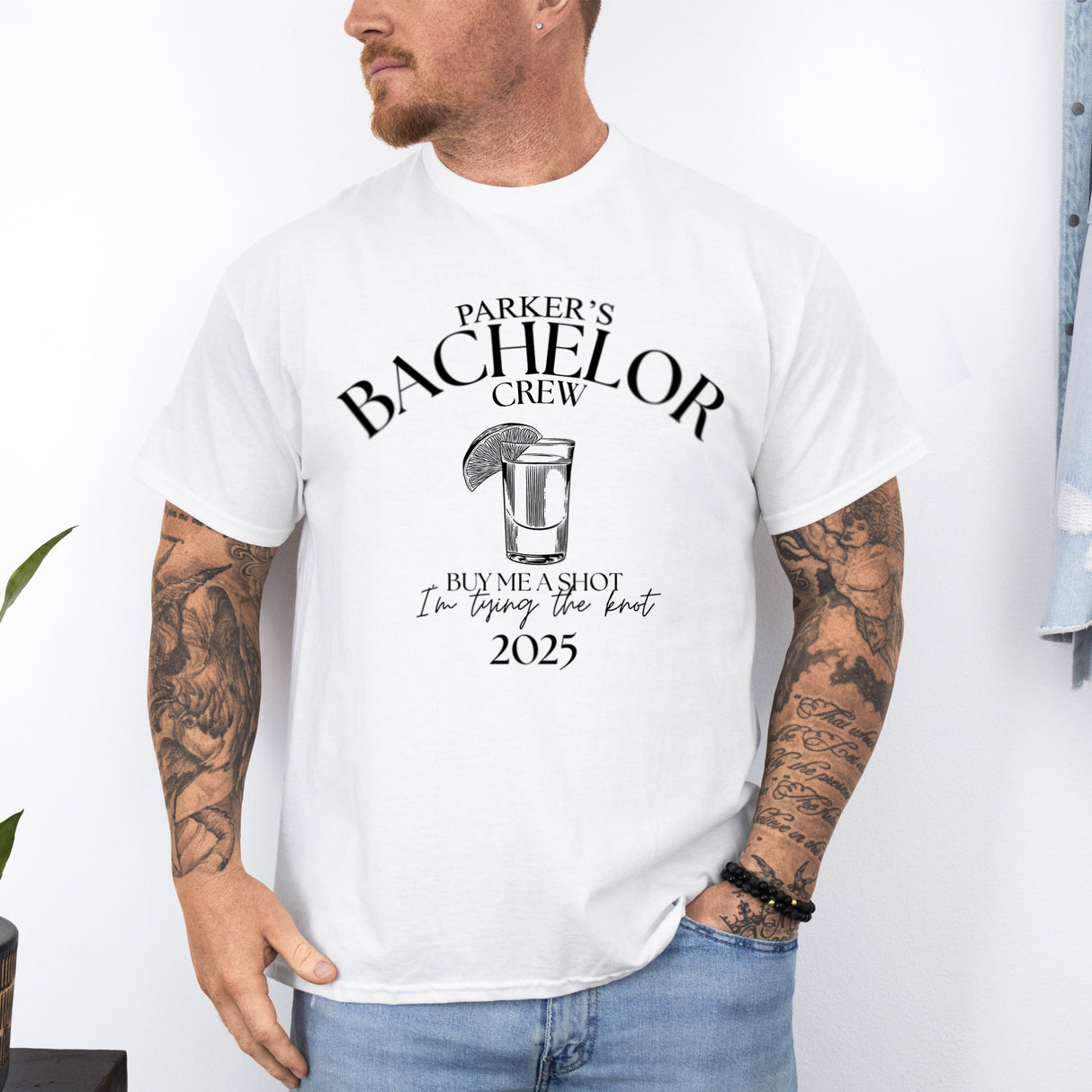 Custom funny bachelor party t-shirt with groom and groomsmen names, perfect as a personalized gift for groom and matching party crew.