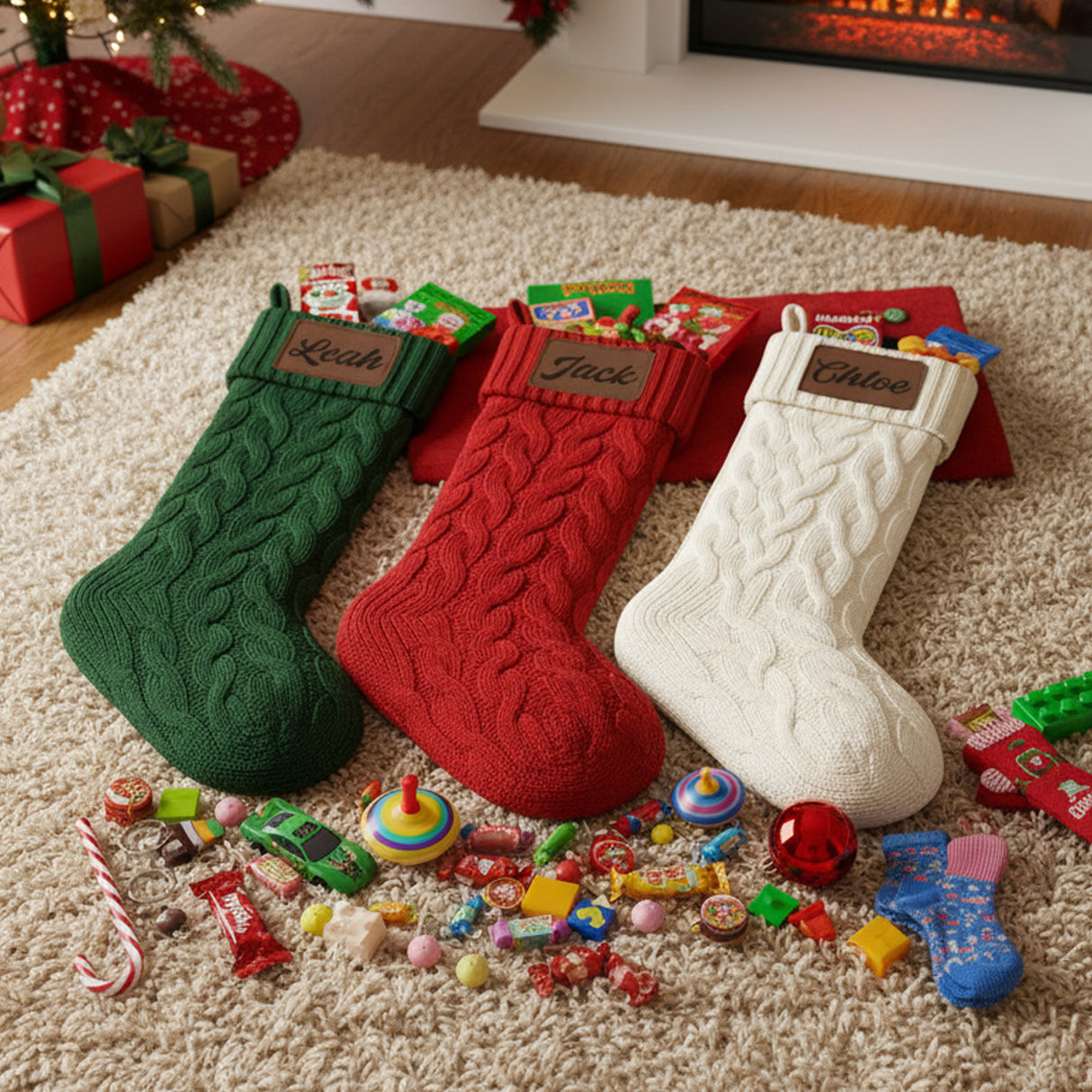Cable knit Christmas stockings with names personalized on leather patches.