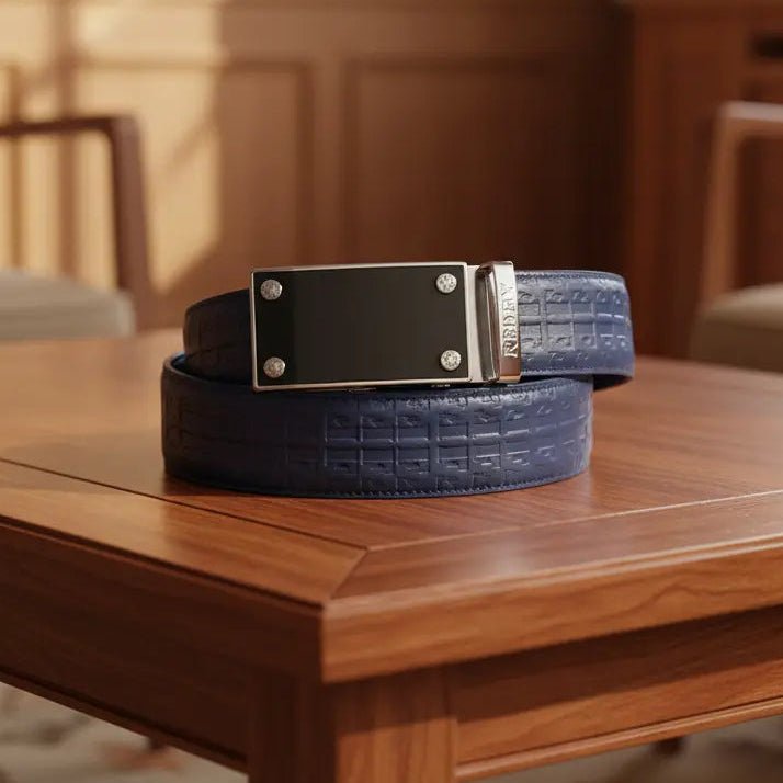 FEDEY Mens Classic Leather Ratchet Belt, Blank Canvas Automatic Buckle - Gifts Are Blue