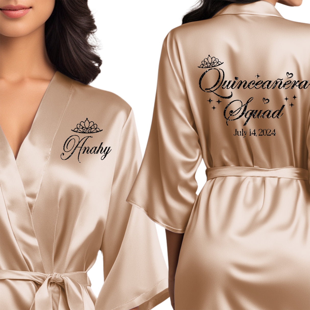 The perfect personalized satin champagne gold quince robes for the entire quinceanera squad.