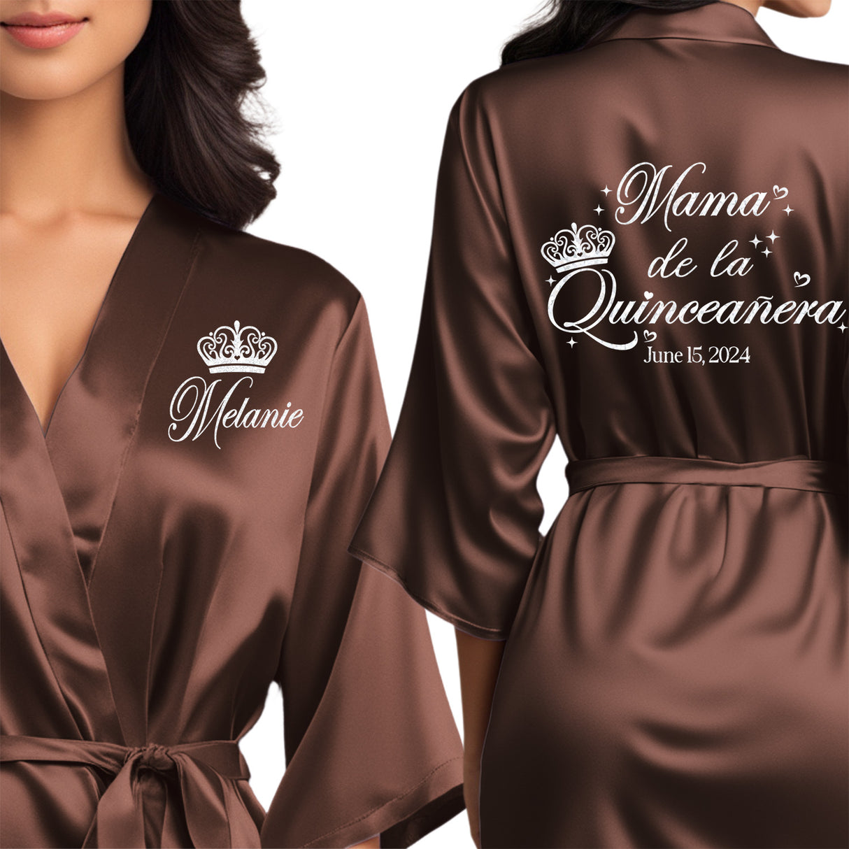 Personalized satin mama de la quinceanera robes. Chocolate quince robes with white glitter.