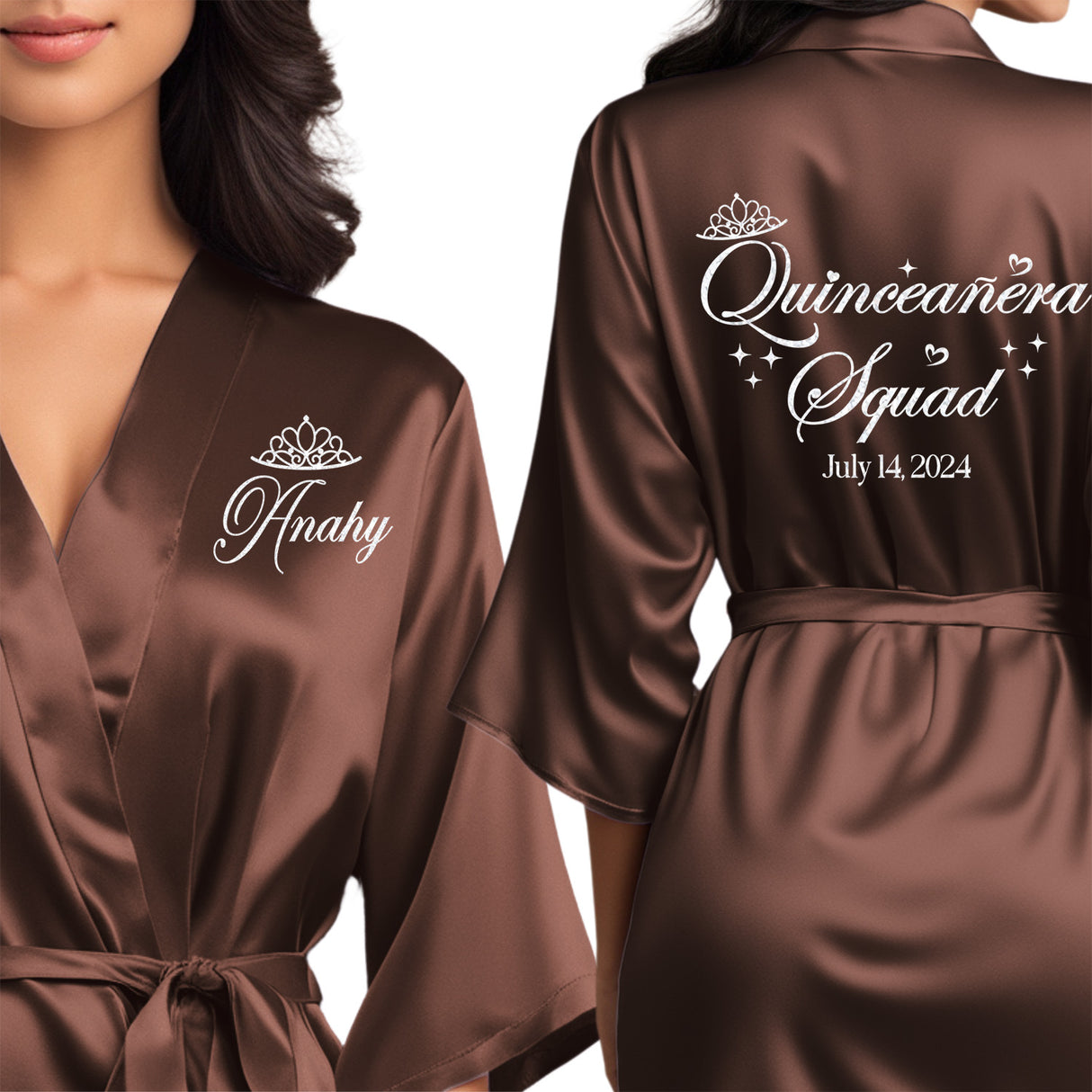 The perfect personalized satin quince robes for the entire quinceanera squad.