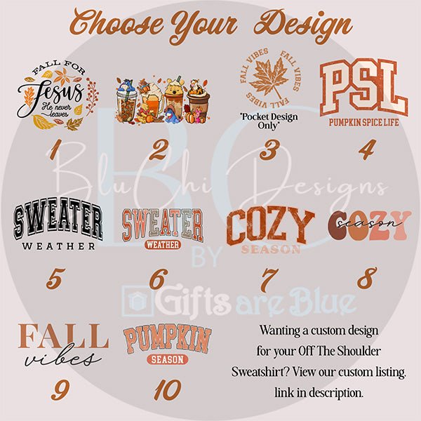 Made to order Off The Shoulder sweatshirts for women and teen girls. Several fall and autumn designs available. all SKUs