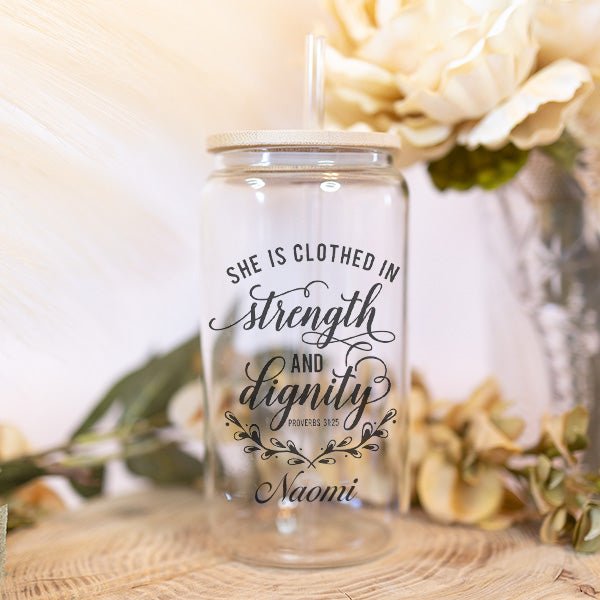 Christian Proverbs 31:25 Iced Coffee Glass Tumbler Inspirational Gift for Women - Gifts Are Blue