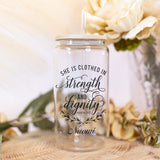 Christian Tumbler with Proverbs 31 25 verse - She is Clothed with Strength & Dignity - 16oz Iced Coffee Cup - Inspirational Gift for Her