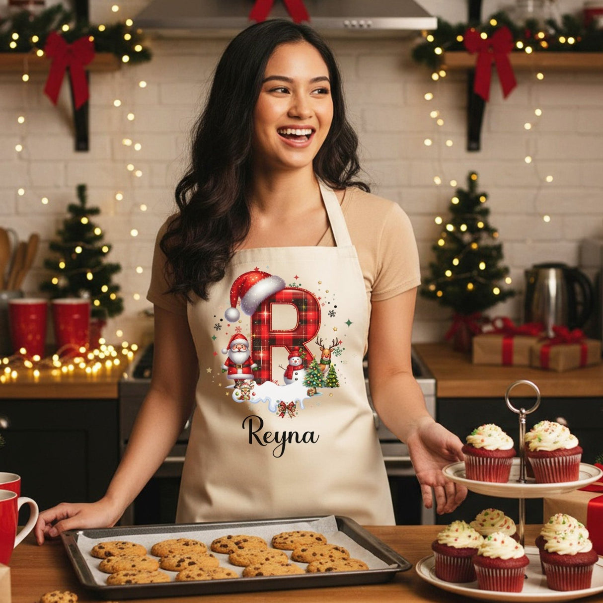 Red and Black Plaid Initial Personalized Matching Christmas Aprons for Adults and Kids - Gifts Are Blue