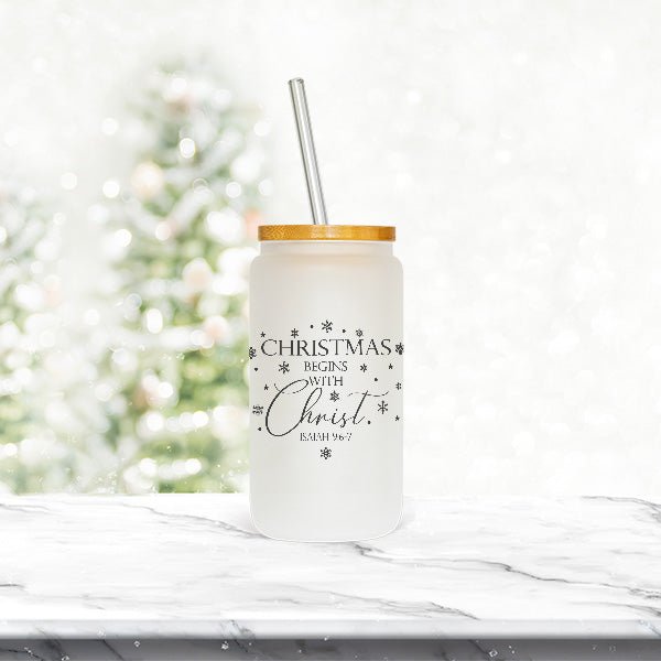 16oz Christmas Begins with Christ Isaiah 9:6-7 Frosted Iced Coffee Glass Tumbler - Gifts Are Blue