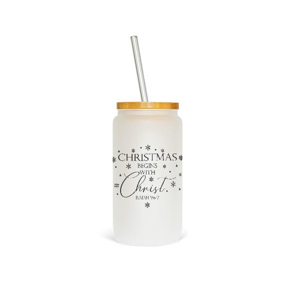 16oz Christmas Begins with Christ Isaiah 9:6-7 Frosted Iced Coffee Glass Tumbler - Gifts Are Blue