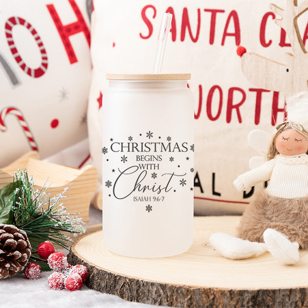 16 oz Christmas Begins with Christ Frosted Iced Coffee Cup - Tumbler with Lid and Straw from Gifts Are Blue