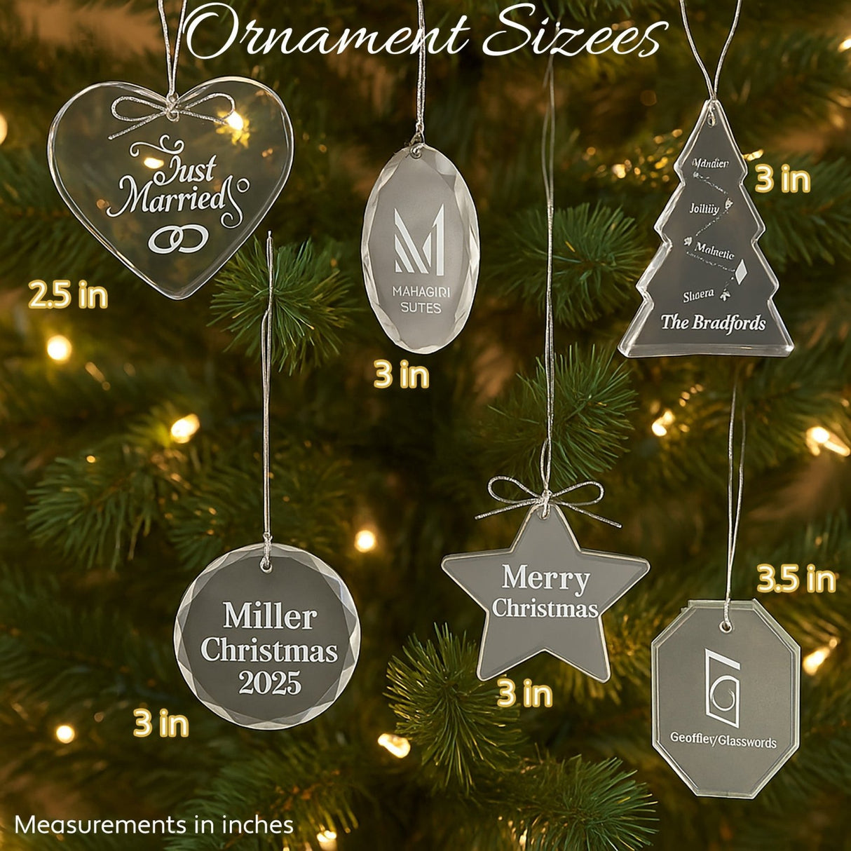 Snowflakes Personalized Christmas Ornaments with Custom Text, Crystal Tree Shape w Gift Box - Gifts Are Blue