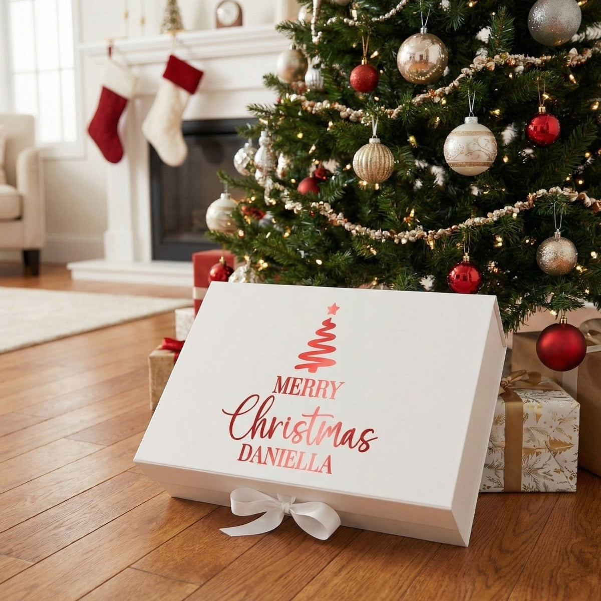 Multi Design Personalized Empty Christmas Gift Boxes w Magnetic Lid, Bow and Crinkle Paper - Gifts Are Blue