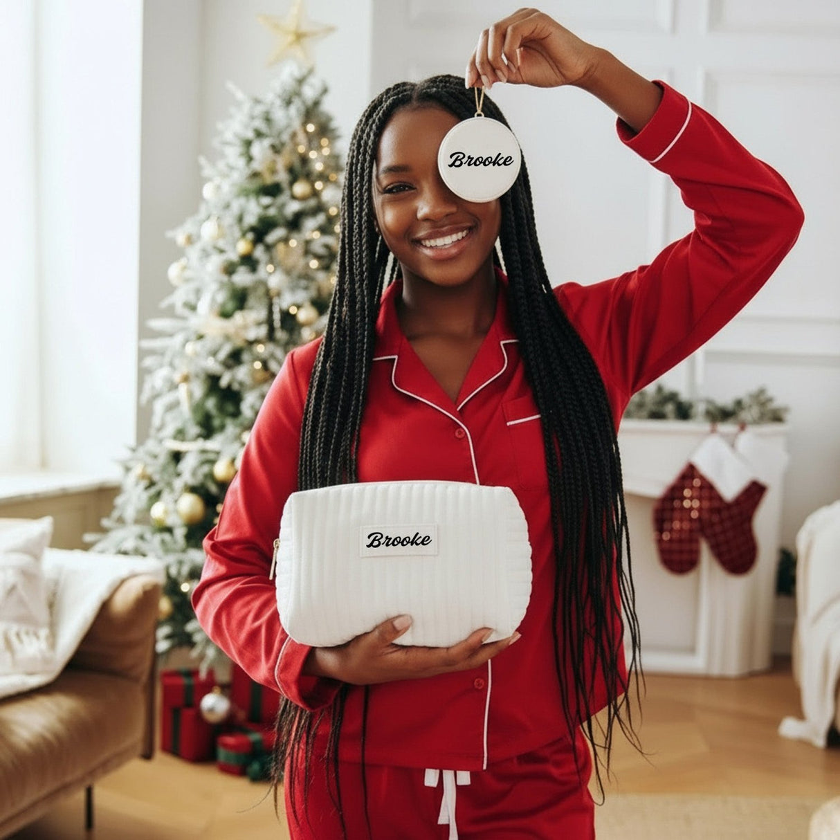 Christmas gifts for teen girls. Young girl holding velvet white makeup bag and jewelry box gift set.