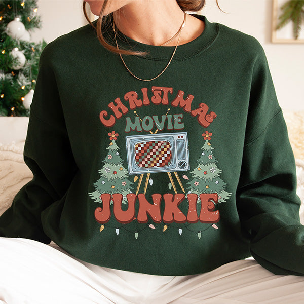 Comfy Vintage Christmas Movie Junkie Sweatshirt for the Holidays