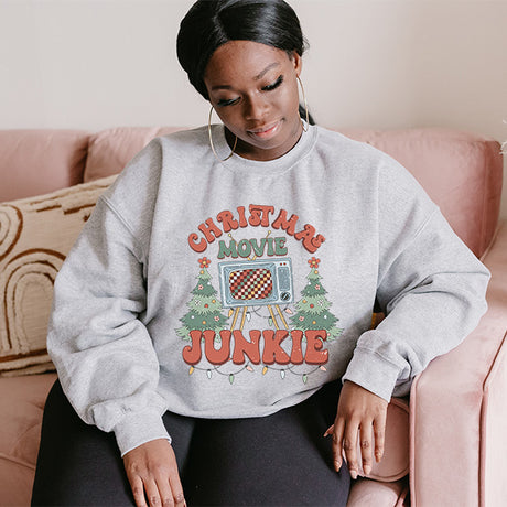 Comfy Vintage Christmas Movie Junkie Sweatshirt for the Holidays