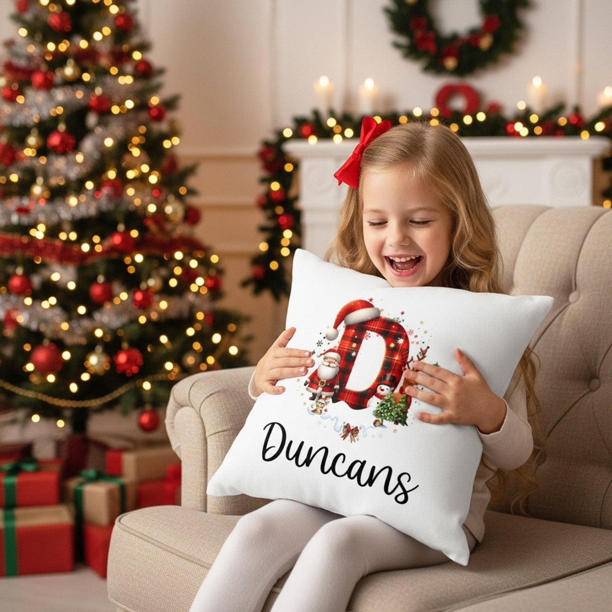 Red and Black Plaid Initial Personalized Christmas Pillow Cover and Add on Insert - Gifts Are Blue