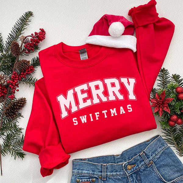 Cute and Fun Merry Swiftmas Taylors Version Christmas Sweatshirt for Swifties - Gifts Are Blue