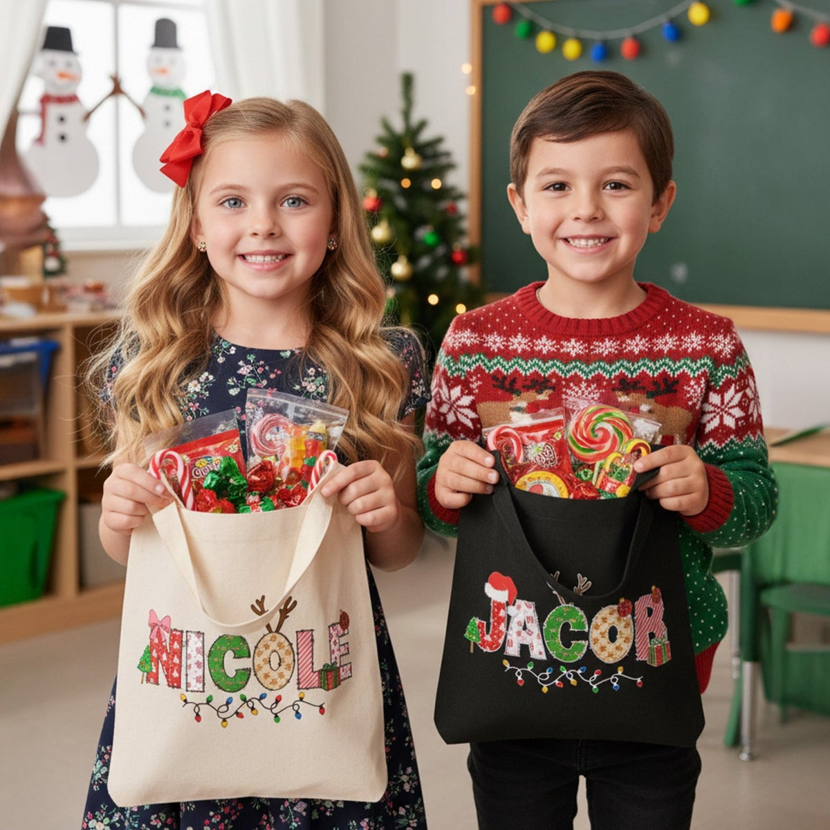 Xmas Alphabet Lights Personalized Christmas Treat Bags for Kids - Gifts Are Blue