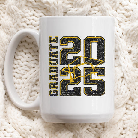 Cute glitter graduation mug for Class of 2025 seniors, perfect graduation gift for her or him.