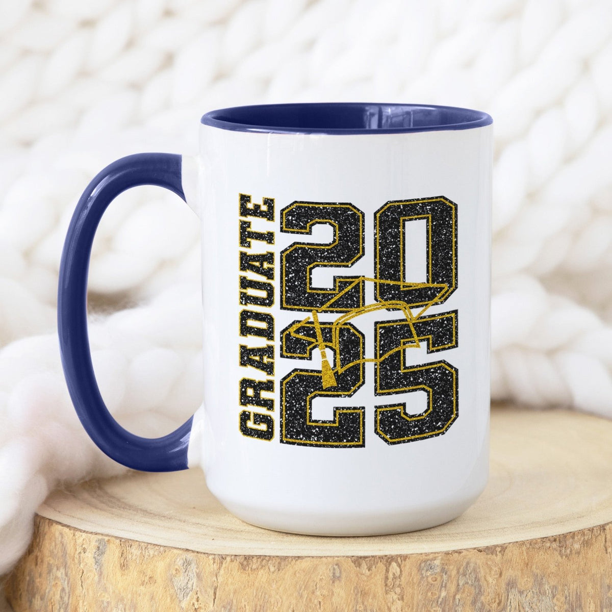 Cute Glitter Graduation Mug for Senior Class of 2025. Dark Blue Fun Graduation Gift Idea for Him or Her.