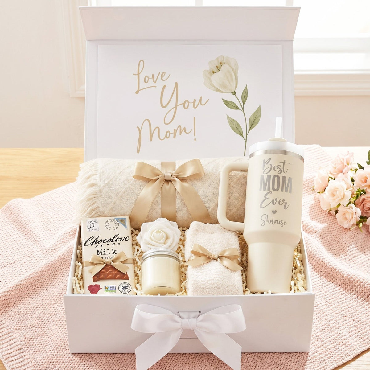 Sweet & Snuggly Personalized Mom Gift Box with Blanket and Fuzzy Socks - Gifts Are Blue