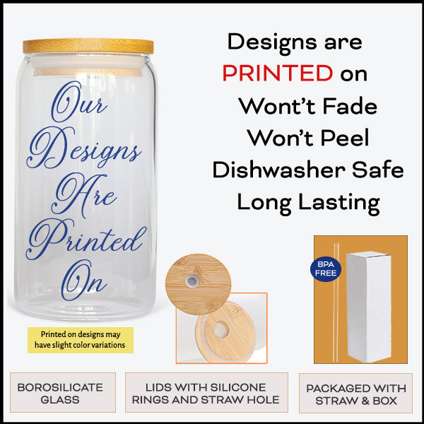 Designs are printed on, no vinyl used. Won't fade or peel, dishwasher safe and long lasting. Packaged with straw and box. Frosted or Clear 16oz Glass Tumbler with black Wake, Pray, Slay design. This motivational gift comes with a bamboo lid and a straw. all SKUs