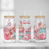 Valentines Day Glass Iced Coffee Cups - Lid and Straw Included - Pick Your Design - Galantines Gift