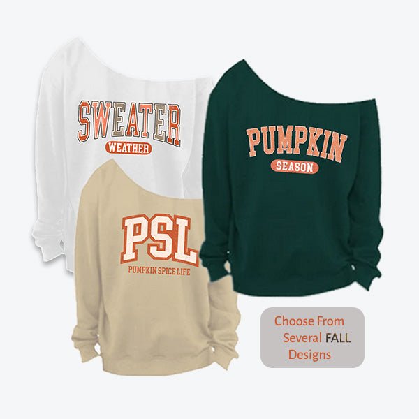 Cold Shoulder Sweatshirts for Women and Girls. Several fall and autumn designs available. all SKUs