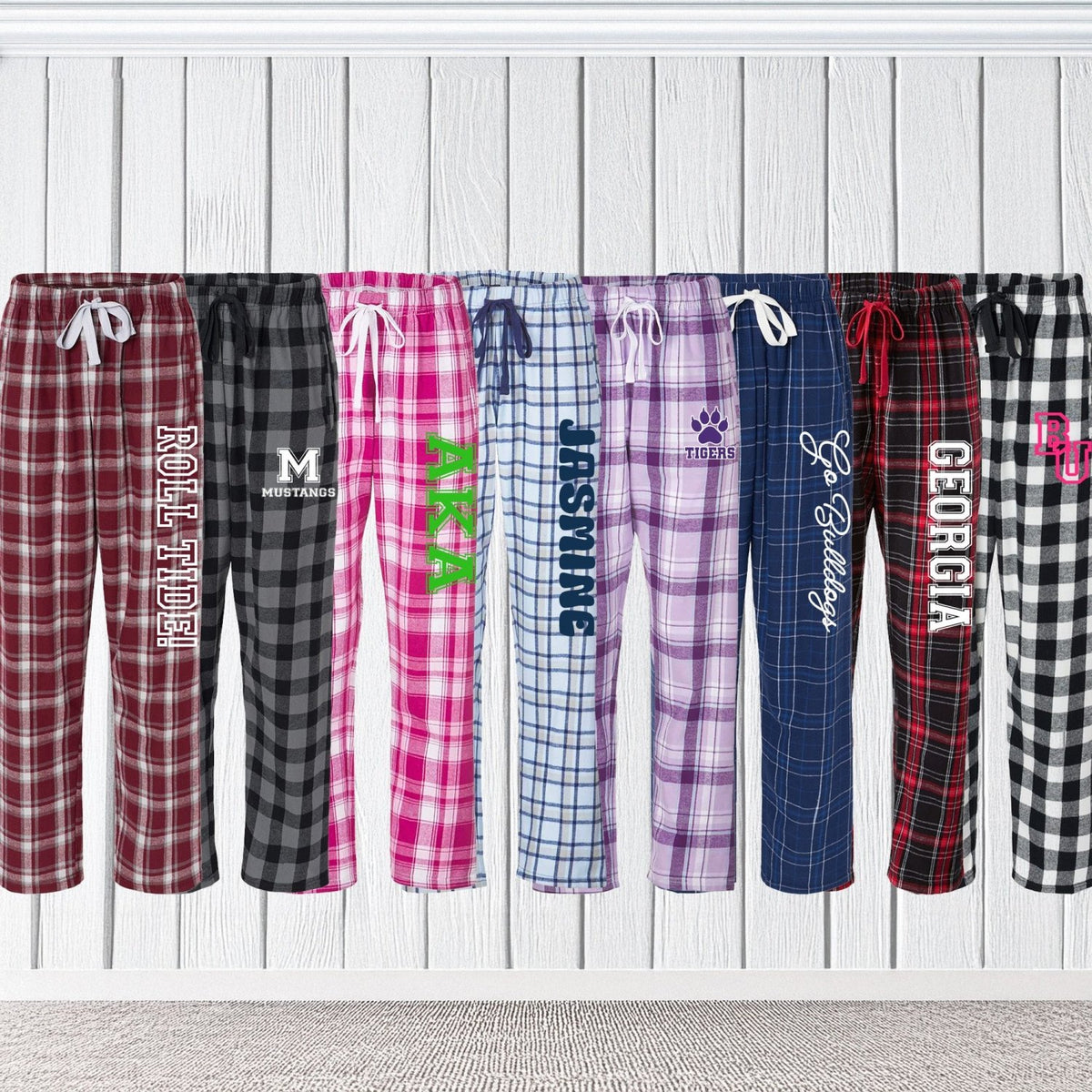 Custom pajama pants for college students, ideal for back to school season or as a thoughtful graduation gift.