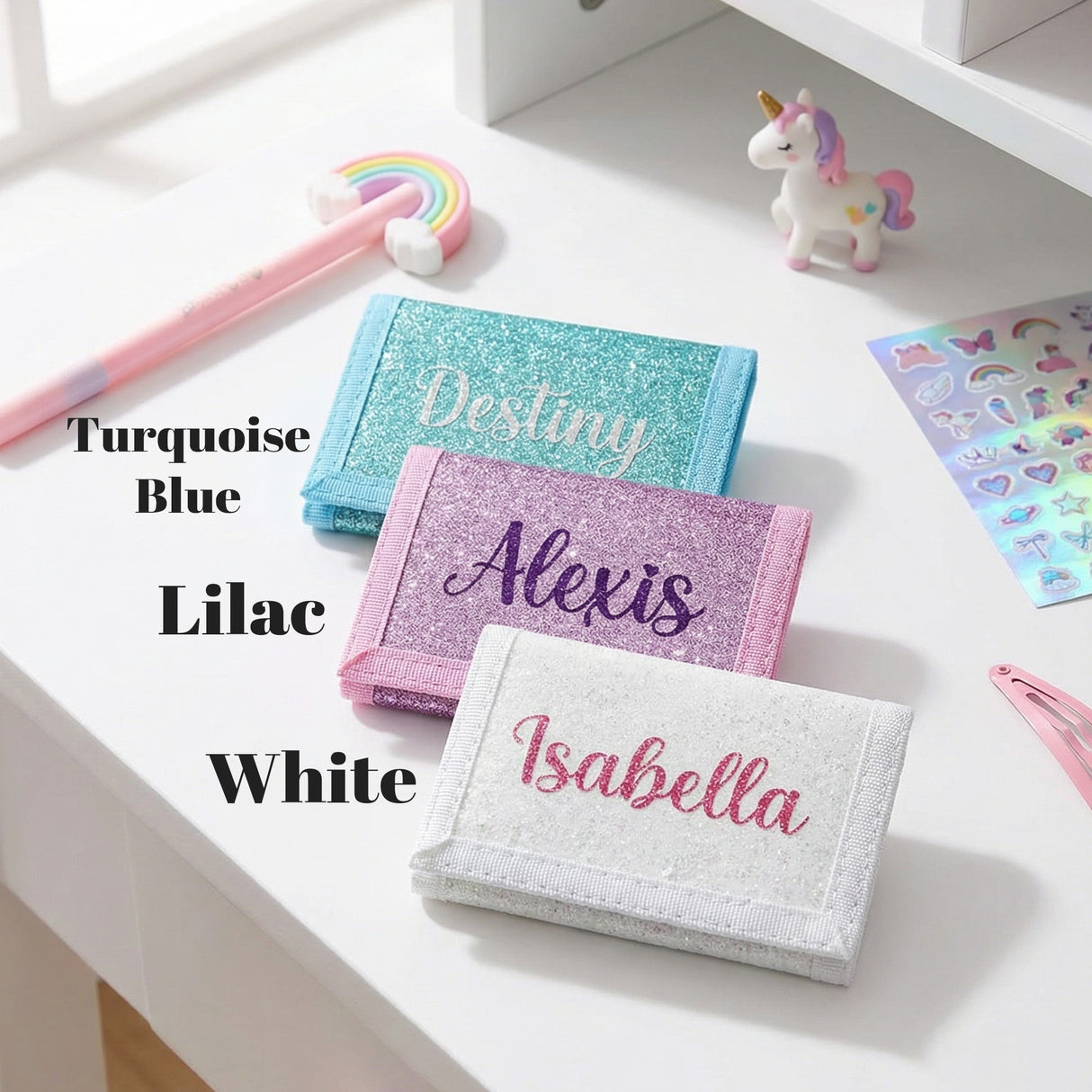 Sparkly Personalized Wallets for Kids with Name, Gifts for Girls
