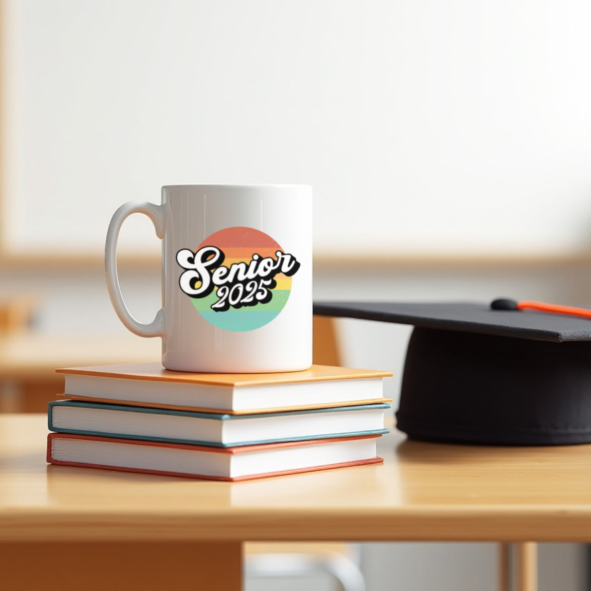 Commemorative Class of 2025 mug celebrating a senior's journey. Simple white mug with bold, a timeless graduation keepsake for students finishing their senior year
