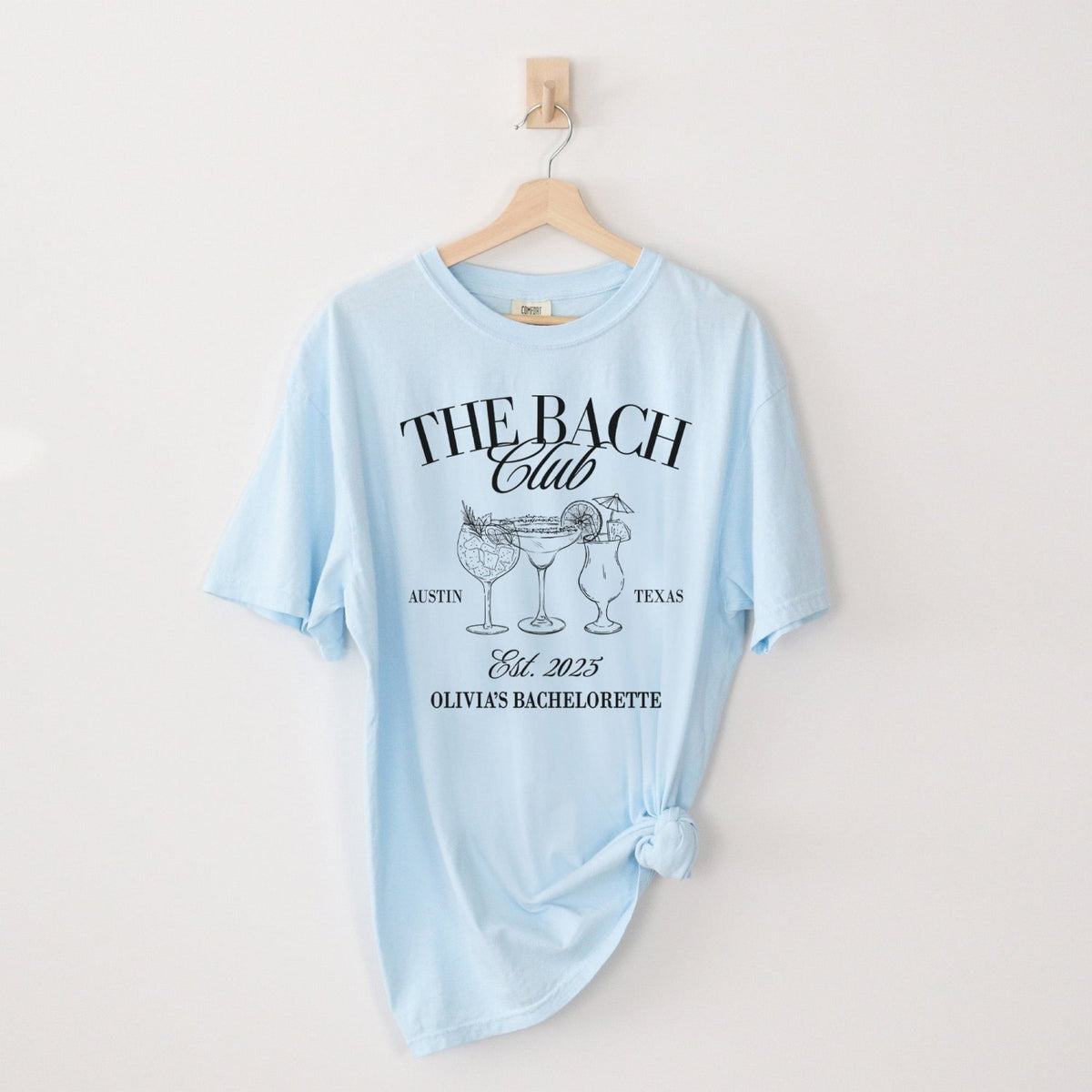 Comfort Colors bachelorette shirt with bride and bridesmaid names, ideal for a personalized bridal party gift or Nashville bachelorette weekend.