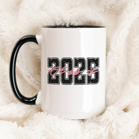 Class of 2025 graduation mug with red and black varsity font design. Senior year 2025 coffee mug gift idea for him..