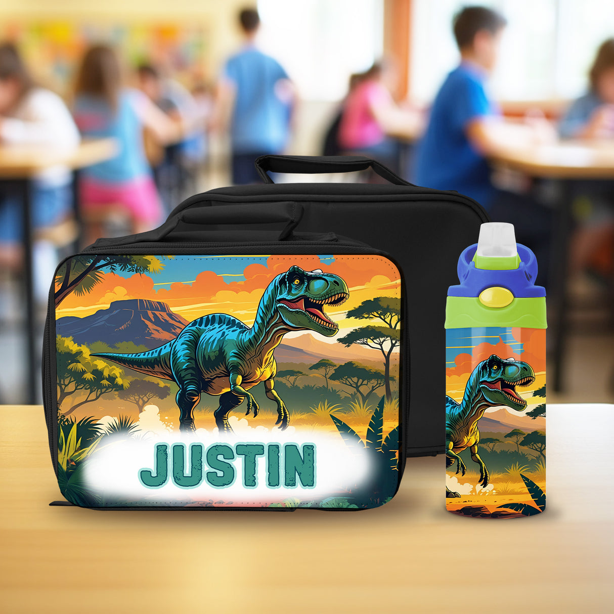 Personalized dinosaur lunch box and water bottle set with custom name for kids back to school gifts.