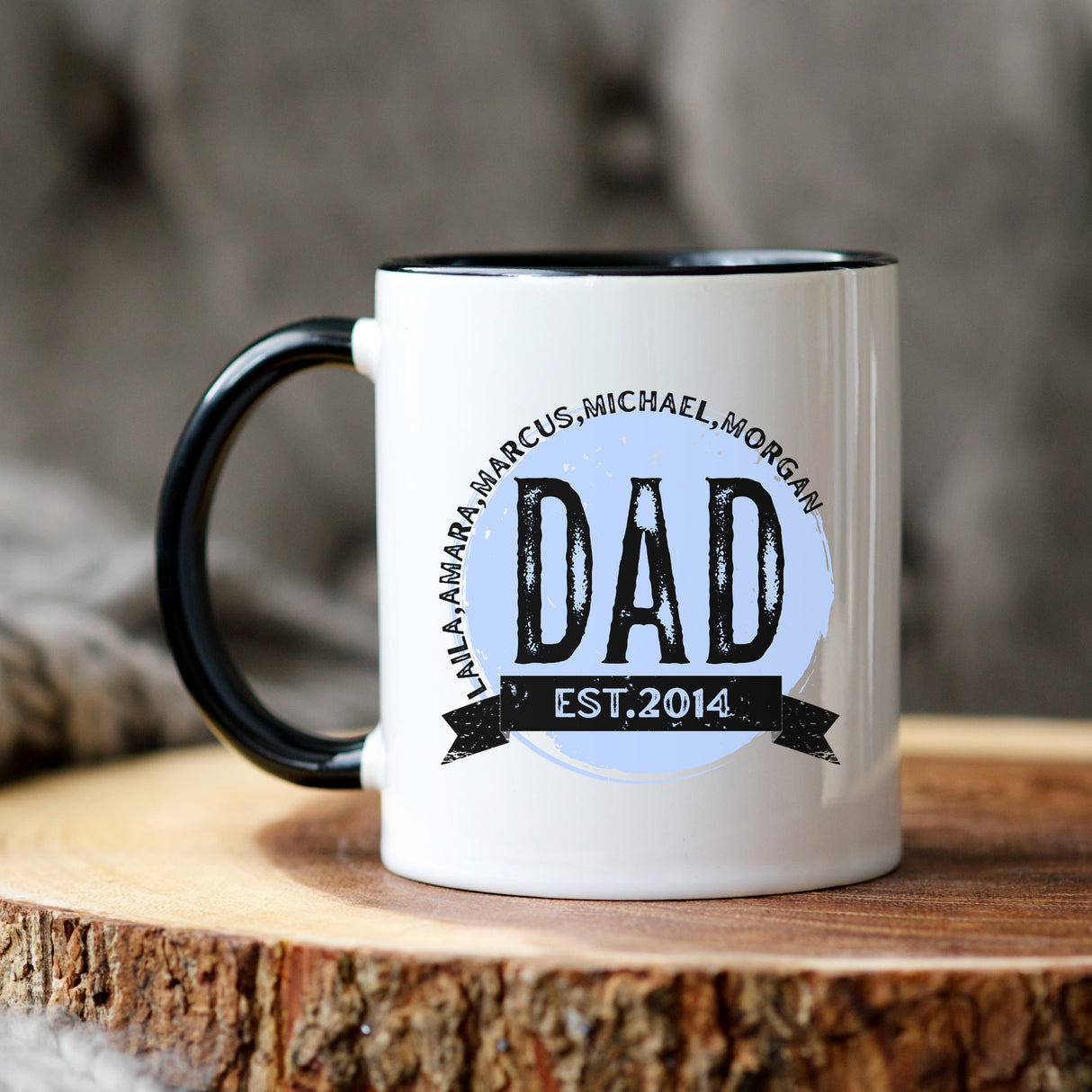 Personalized gift for dad custom year mug fathers day surprise. Unique coffee mug for dad personalized with kids names.