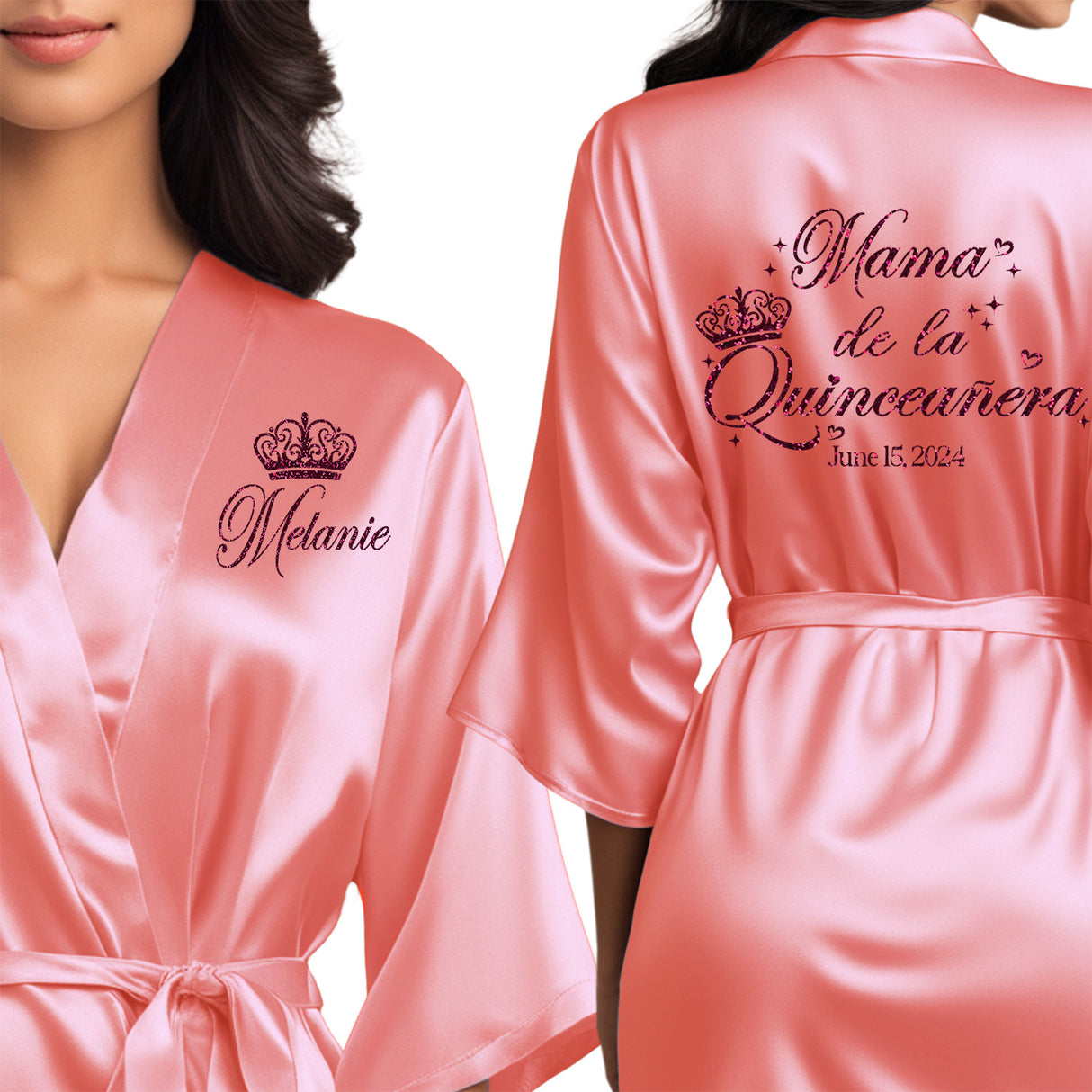 Personalized satin mama de la quinceanera robes. Coral quince robes with navy blue glitter.