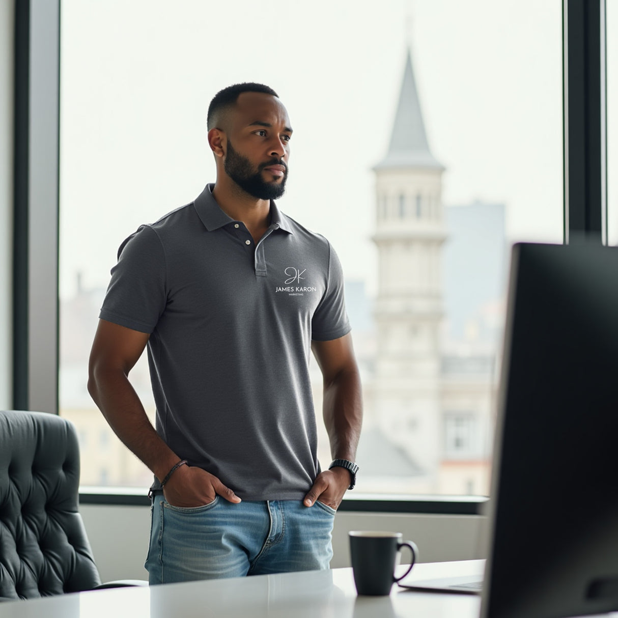 Grey corporate logo polos. New Employee gifts.
