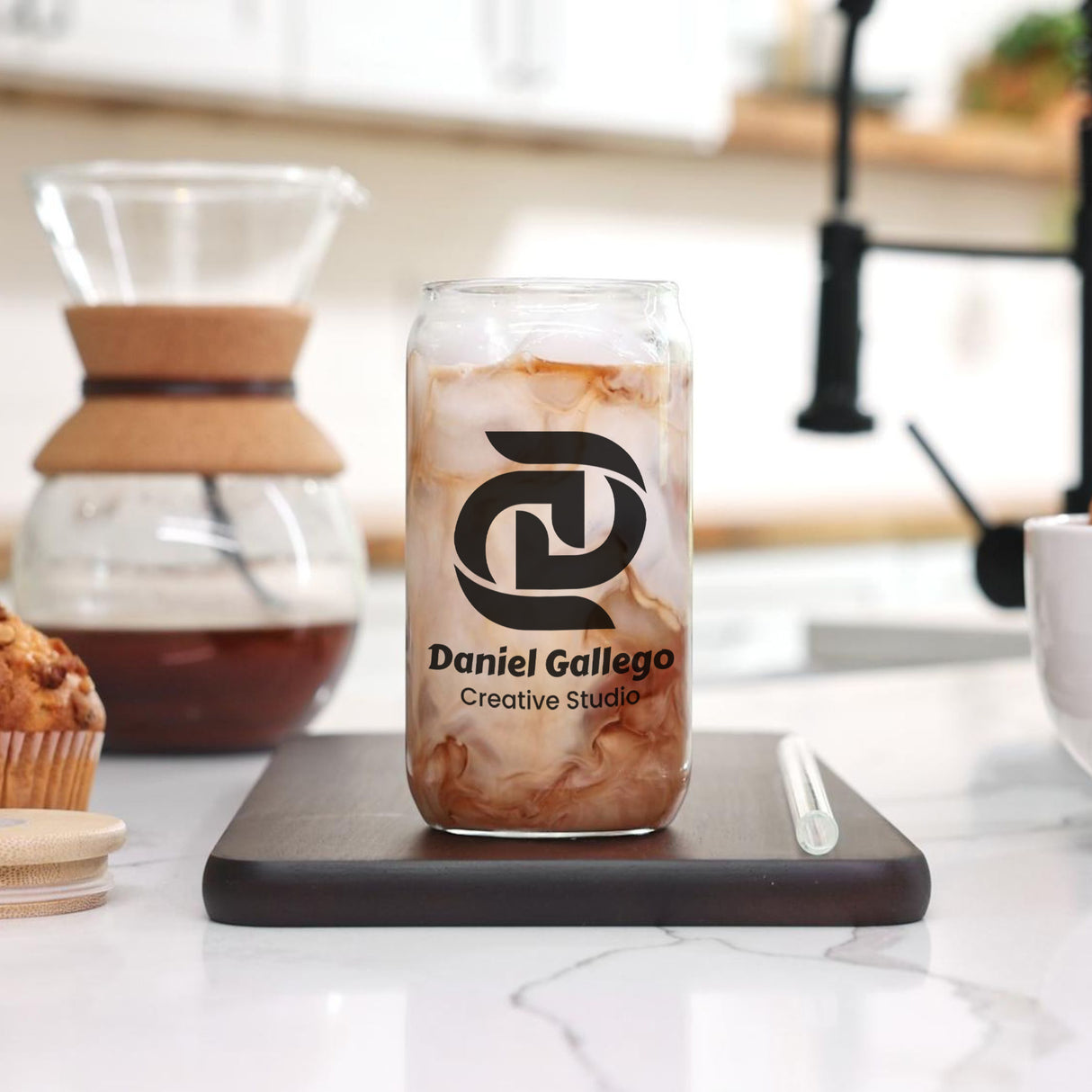 Corporate logo gifts. Glass coffee cans with personal logo.