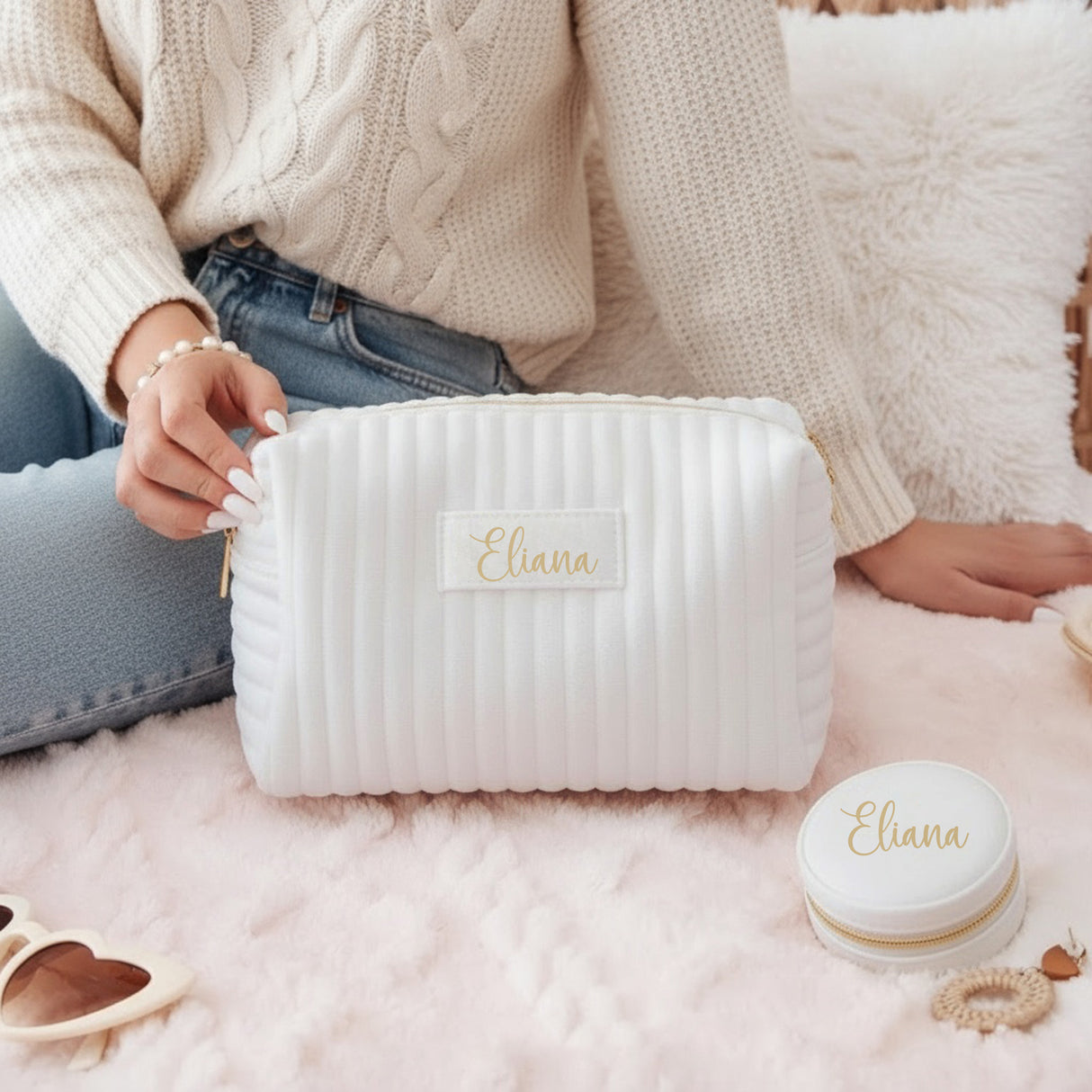 Velvet makeup bag and jewelry box personalized with name gift for teen girl.