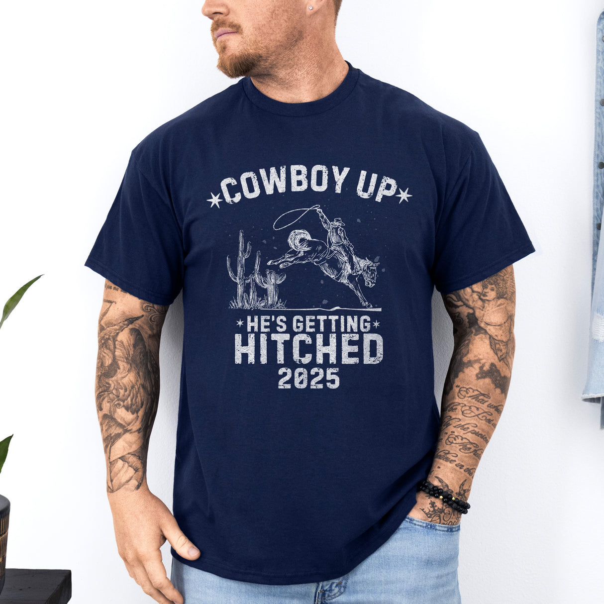 Custom Cowboy Up t-shirt featuring bold western-themed lettering, perfect personalized bachelor party apparel for men.